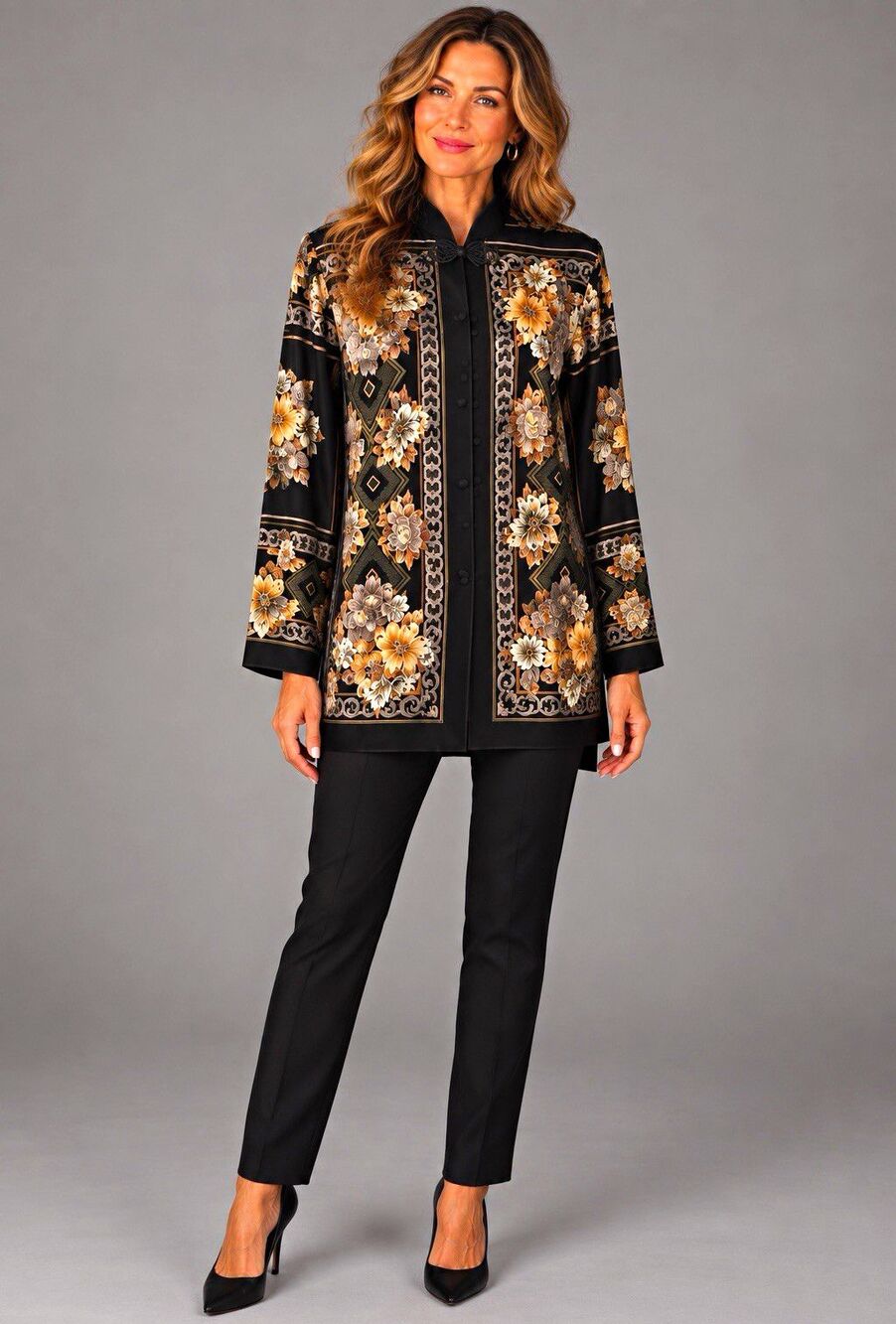 Kain Stevens vintage Black Floral Satin Rayon Button Front Mandarin Tunic size 8